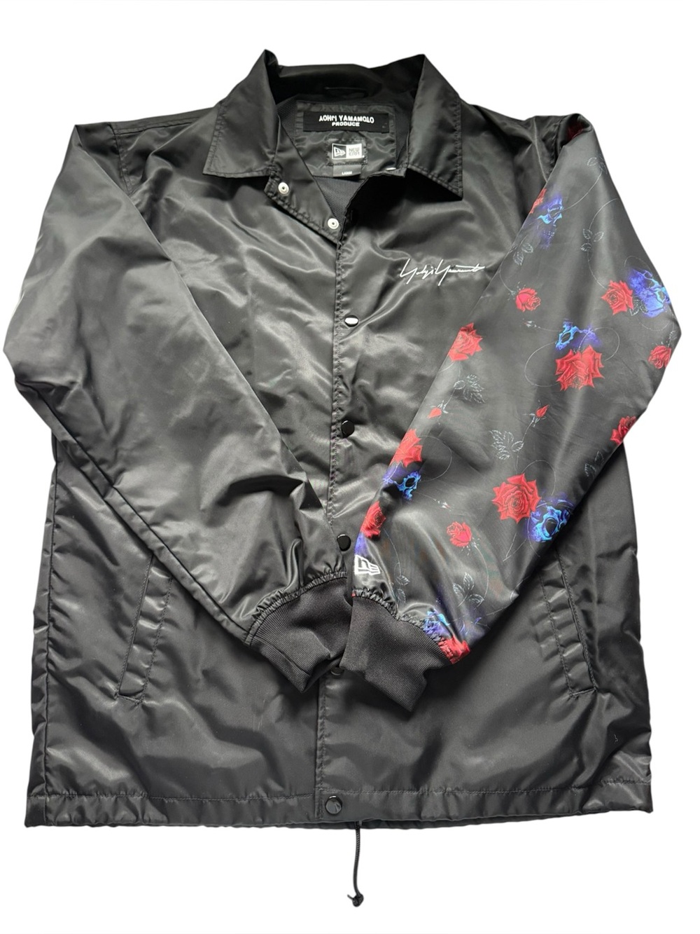 Yohji Yamamoto Black Coach Jacket with Red & Blue Floral Sleeve - Size Large